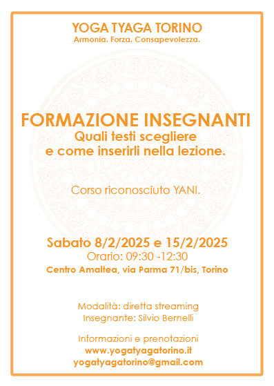 Formazione insegnanti (riconosciuta YANI). Didattica: testi yoga. Sabato 8 febbraio e 15 febbraio, 9.30-12.30